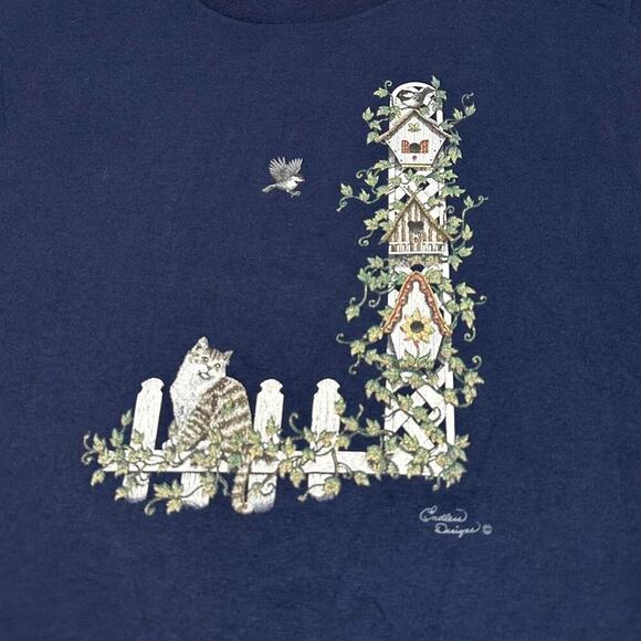Endless Designs Vintage 90s Cat on a Fence with Vines Nature Graphic Tee Size L - Picture 2 of 4